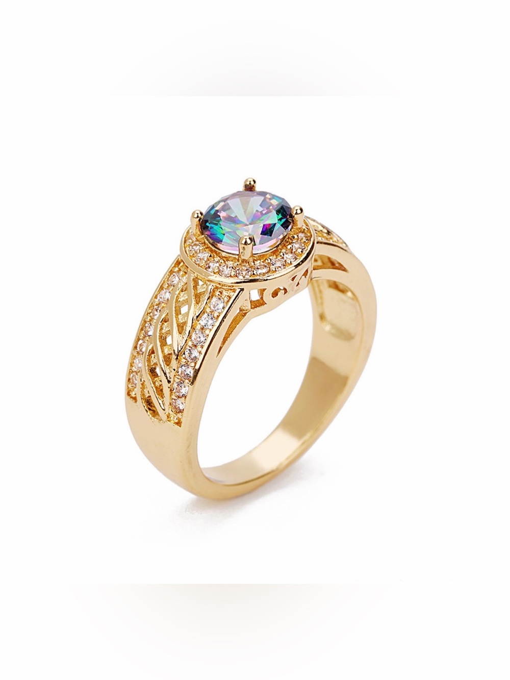 Gold Tone Rainbow Oval Stone Halo Ring Filigree Statement Band (R4) - Picture 4 of 6